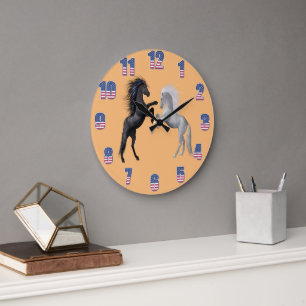 Black and a white Horse that are fighting  Large Clock