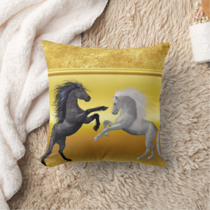 Black and a white Horse that are fighting Throw Pillow