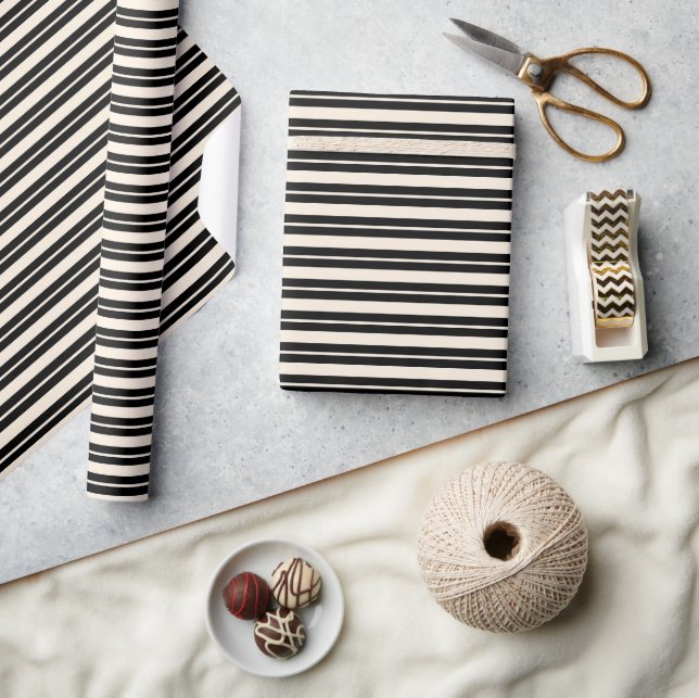 Black and Almond Cream Double Stripe Pattern Wrapping Paper (Crafts)