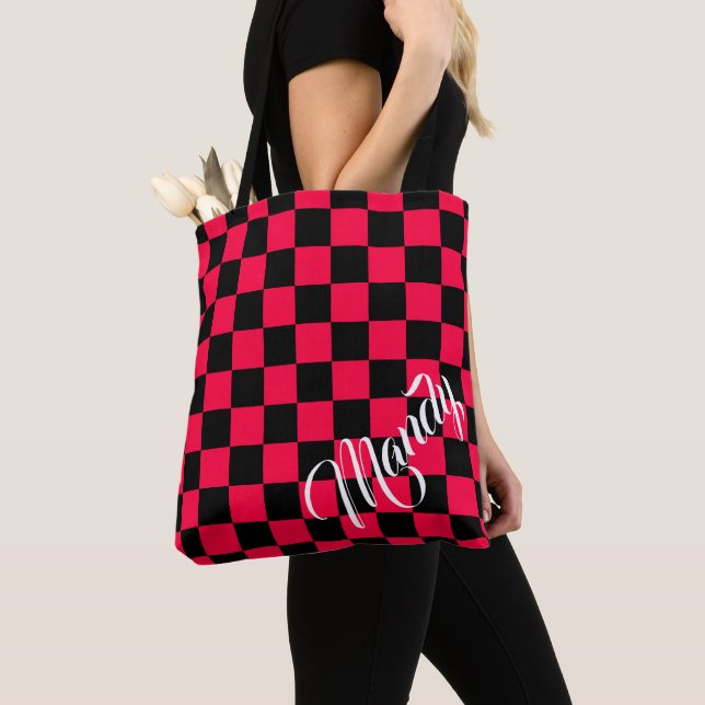 Black and American Rose Chequered Pattern Tote Bag (Close Up)