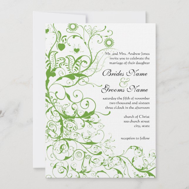 Black and Apple Green Bird Swirl Wedding Invite (Front)