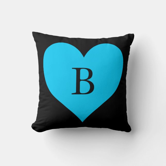 Black and Aqua Blue Heart Monogram Throw Pillow (Front)