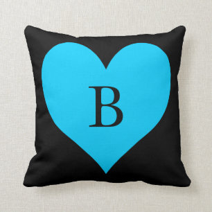Black and Aqua Blue Heart Monogram Throw Pillow