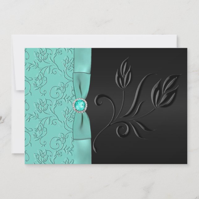 Black and Aqua Floral, Jewels Wedding Invitation (Front)