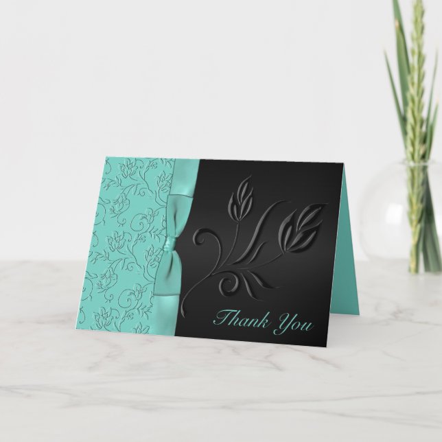 Black and Aqua Floral Thank You Card (Front)