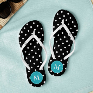 Black and Aqua Polka Dots Monogrammed Flip Flops