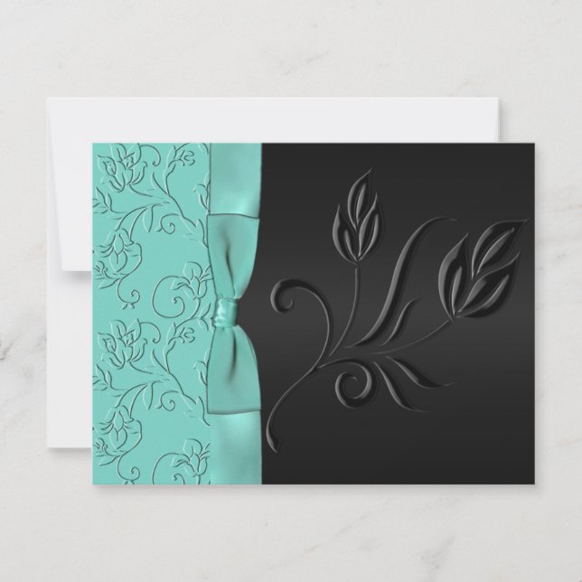 Black and Aqua Satin Ribbon RSVP Card (Front)