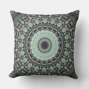 Black and Aquamarine Mandala Kaleidoscope Throw Pillow