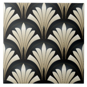 Black and Beige Art Deco Floral Fans Tile