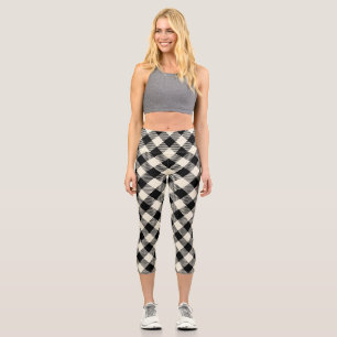 Black and Beige Diagonal Gingham Plaid Pattern Capri Leggings