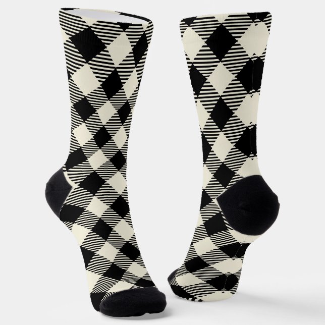 Black and Beige Diagonal Gingham Plaid Pattern Socks (Angled)