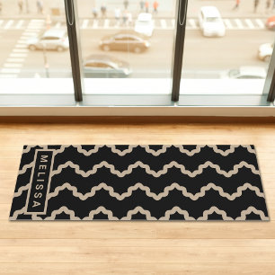 Black And Beige Modern Minimal Wavy Lines And Name Yoga Mat