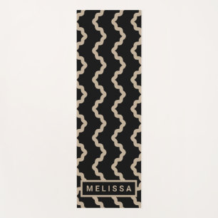 Black And Beige Modern Minimal Wavy Lines And Name Yoga Mat