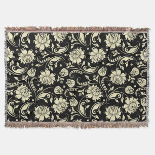 Black And Beige Vintage Floral Damasks 3 Throw Blanket