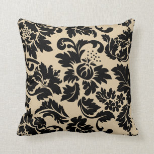Black And Beige Vintage Floral Damasks Throw Pillow