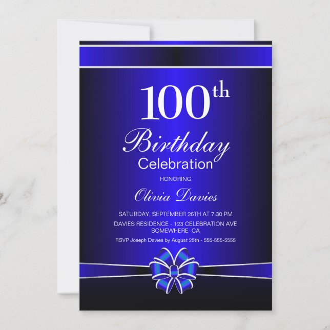 Black and Blue 100th Birthday Celebration Invitation (Front)
