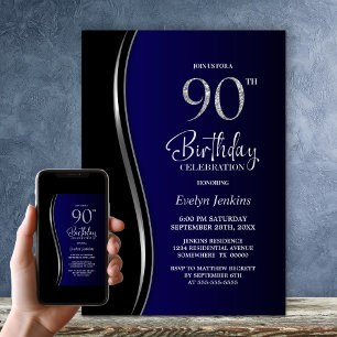 Black and Blue 90th Birthday Party Invitation