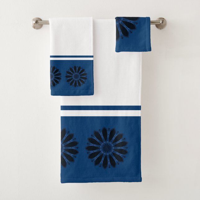 Black and Blue Abstract Flower Bath Towel Set (Insitu)