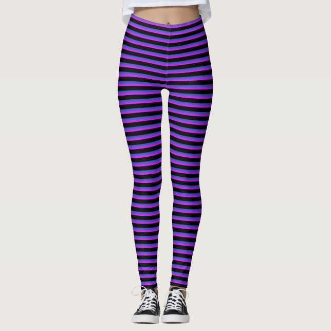 Black and Blue and Purple Stripes Leggings (Front)