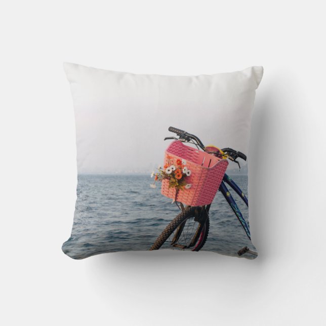 Black and blue bicycle with basket throw pillow (Front)