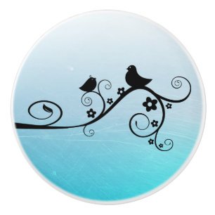 Black and Blue Bird on Branch Whimsical Ceramic Knob
