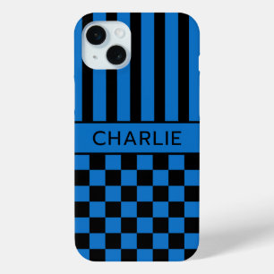 Black and Blue Chequered Striped Personalized Case