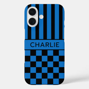 Black and Blue Chequered Striped Personalized iPhone 16 Case