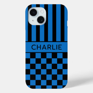 Black and Blue Chequered Striped Personalized iPhone 15 Case