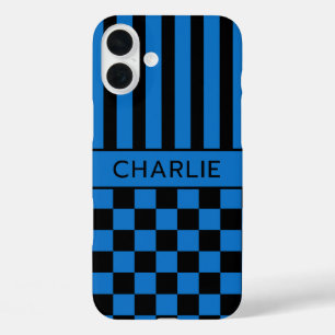 Black and Blue Chequered Striped Personalized iPhone 16 Plus Case