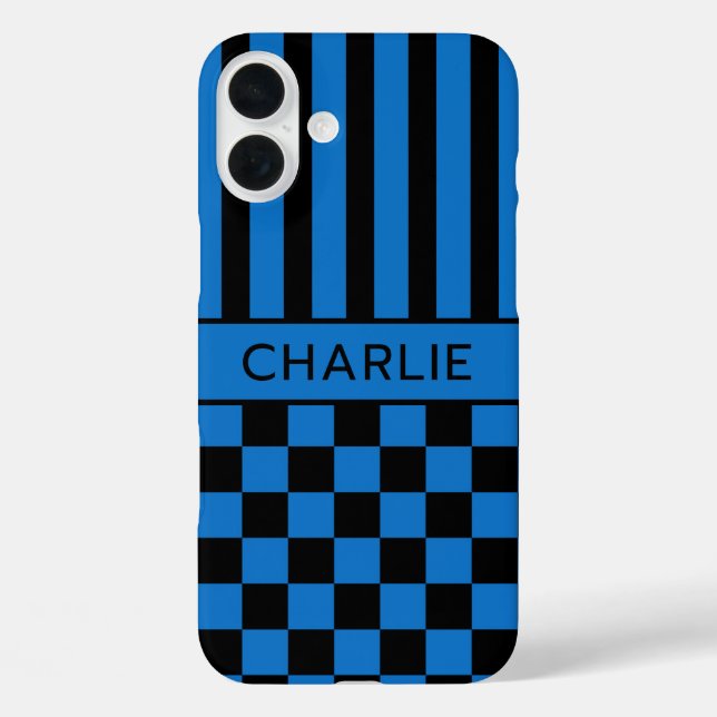 Black and Blue Chequered Striped Personalized Case-Mate iPhone Case (Back)
