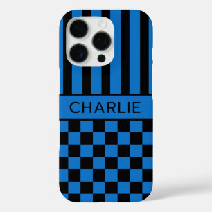 Black and Blue Chequered Striped Personalized iPhone 16 Pro Case