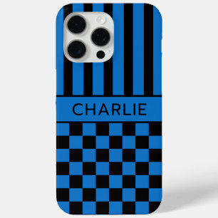 Black and Blue Chequered Striped Personalized iPhone 15 Pro Max Case