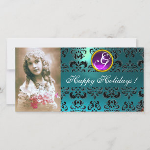 BLACK AND BLUE DAMASK Amethyst Monogram Holiday Card