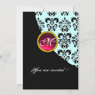 BLACK AND BLUE DAMASK MONOGRAM,red ruby Invitation
