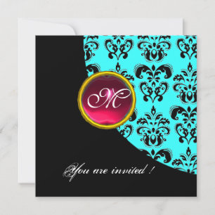 BLACK AND BLUE DAMASK MONOGRAM,red ruby,turquase Invitation