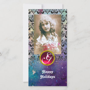 BLACK AND BLUE DAMASK Red Ruby Monogram Holiday Card