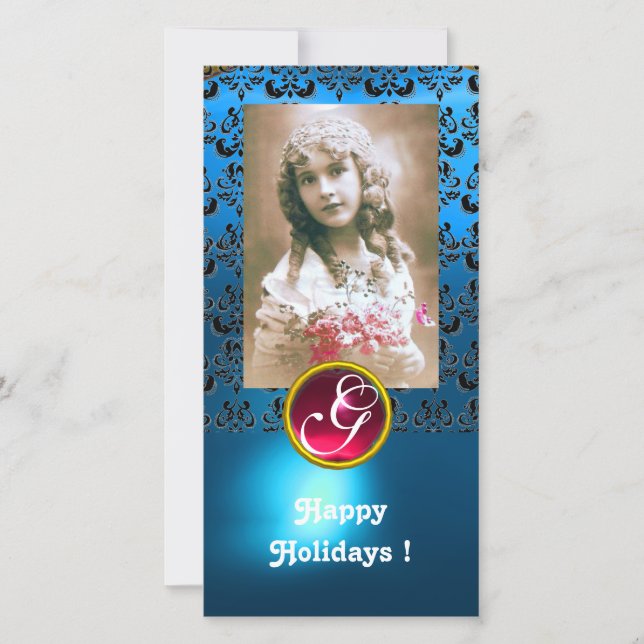 BLACK AND BLUE DAMASK Red Ruby Monogram Holiday Card (Front)