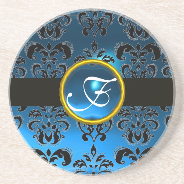 BLACK AND BLUE DAMASK Sapphire Monogram Coaster (Front)