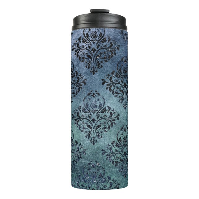 Black and Blue Damask Thermal Tumbler (Front)