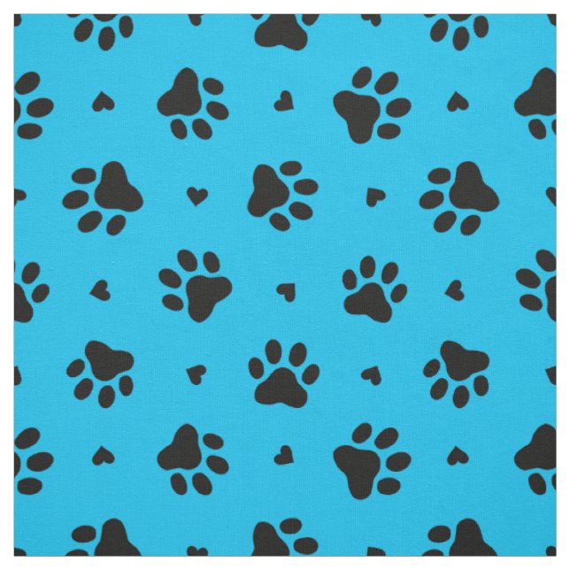 Black and Blue Dog Paw Prints and Hearts Pattern Fabric (Swatch)