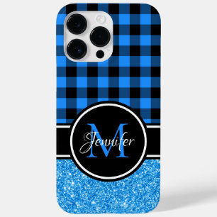 Black and Blue Glitter Buffalo Plaid Monogram Case-Mate iPhone 14 Pro Max Case