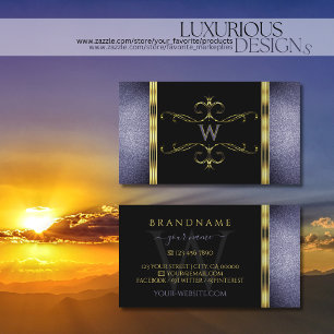 Black and Blue Glitter Gold Decor Border Monogram Business Card