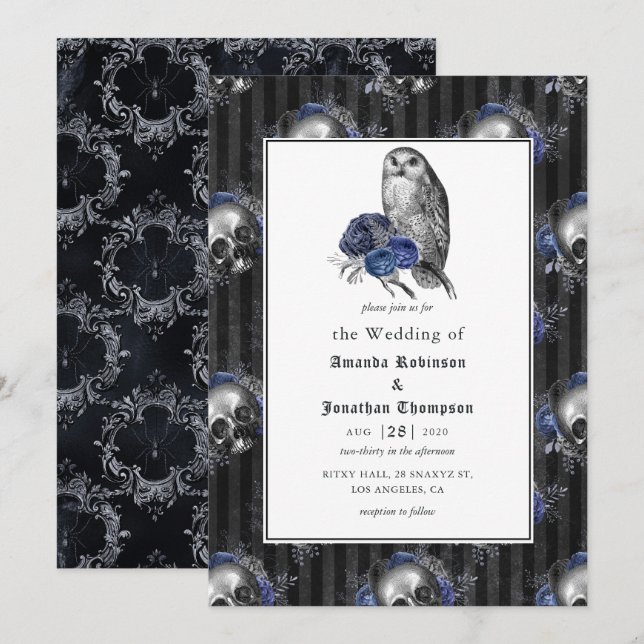 Black and Blue Gothic Floral Wedding Invitation (Front/Back)