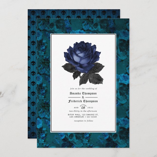 Black and Blue Gothic Floral Wedding Photo Invitation (Front/Back)