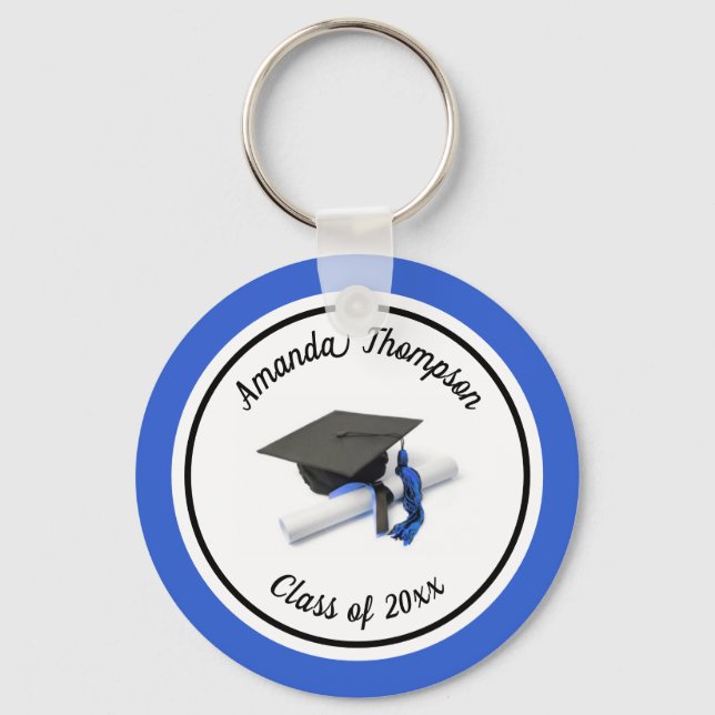 Black and Blue Graduation Cap and Tassel Keychain (Front)