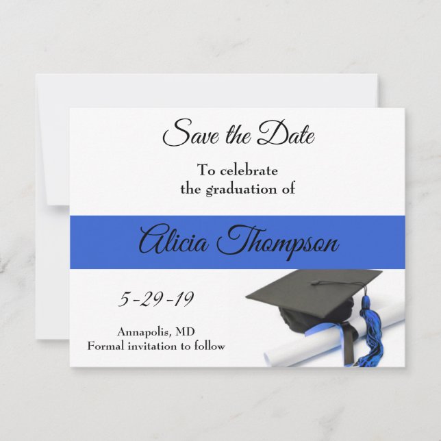 Black and Blue Graduation Cap and Tassel Save The Date (Front)