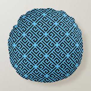 Black and Blue Greek Key Pattern Round Pillow