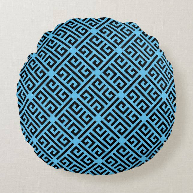 Black and Blue Greek Key Pattern Round Pillow (Front)