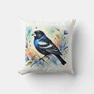 Black and Blue Grosbeak 260824AREF125 - Watercolor Throw Pillow