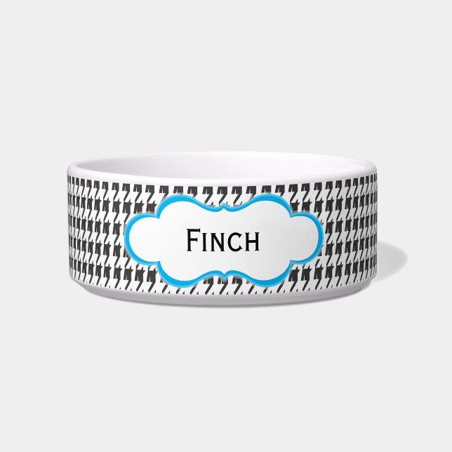Black and Blue Houndstooth | Personalized Cat Dish (Front)